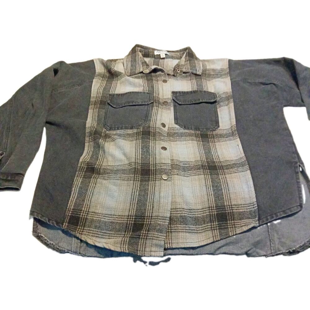 Women’s She + Sky Plaid Shacket Large Western Barn Chore Cotton Denim/Flannel